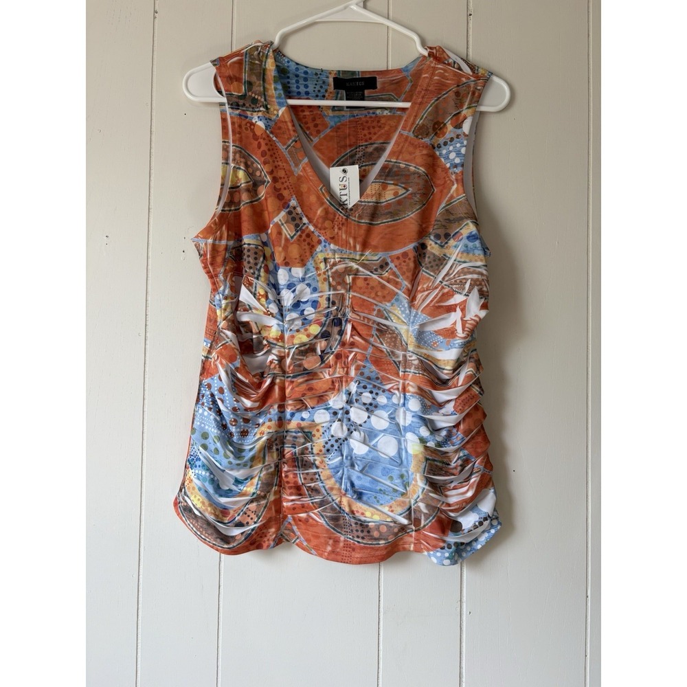 Kaktus Womens S Abstract Ruched Sleeveless V Neck Stretch Top NWT Orange Blue